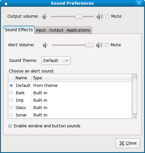 Sound preferences, first tab
