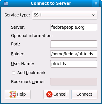 fedorapeople.org的鹦鹉螺SSH连接对话框